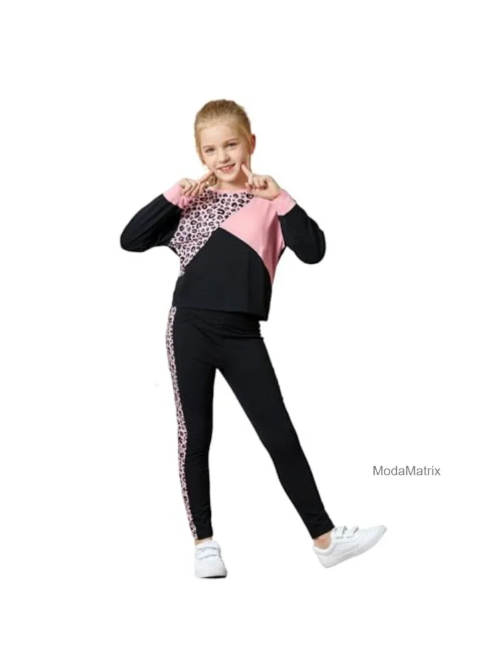 Girls Leopard Color Block Sweatshirt and Leggings Set